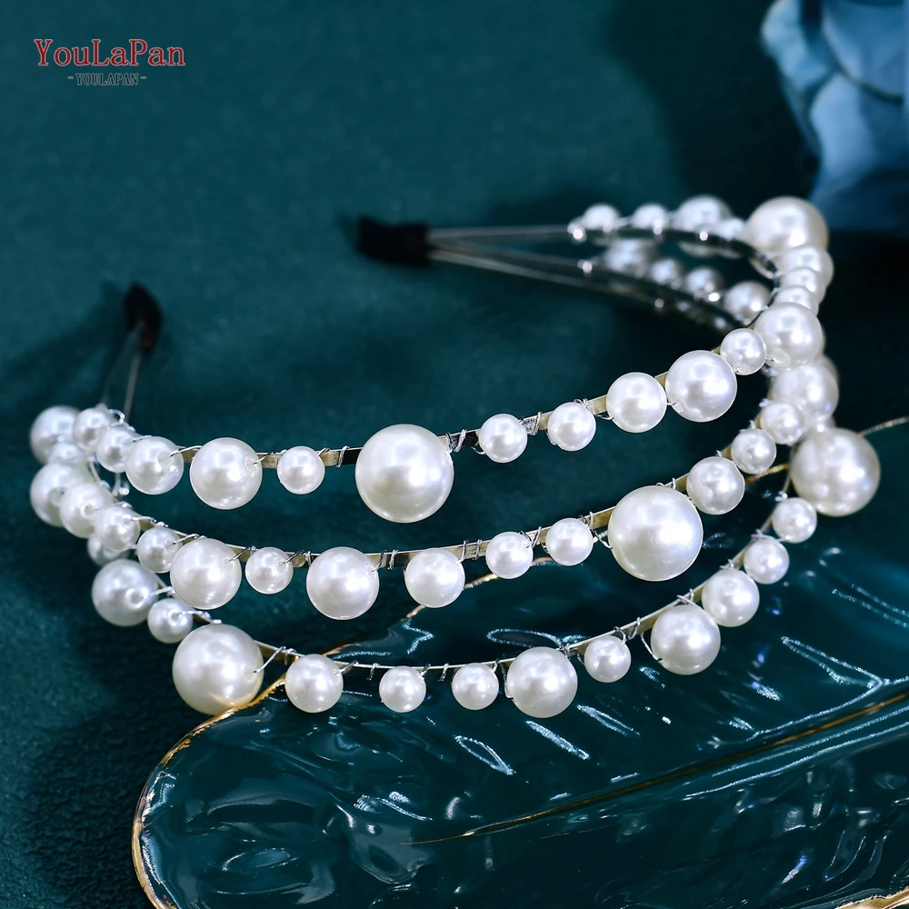 

YouLaPan Multi-layer Pearl Wedding Head Hoop Silver Color Bride Headband Hair Accessory Handmade Banquet Elegant Headwear HP951