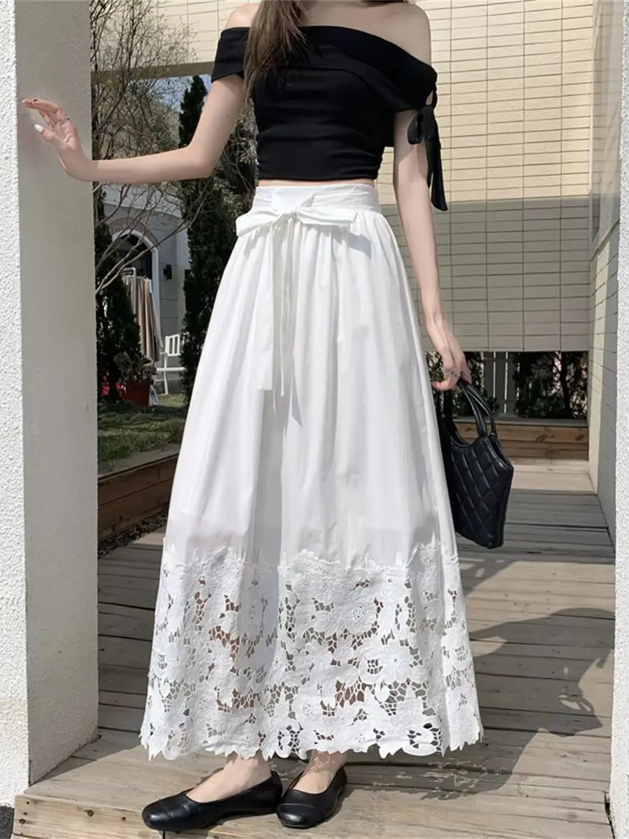 Summer Autumn White Skirt For Women 2026 Bohemian Lace Patchwork Openwork Embroidered Tie-Waist Midi Skirts Female