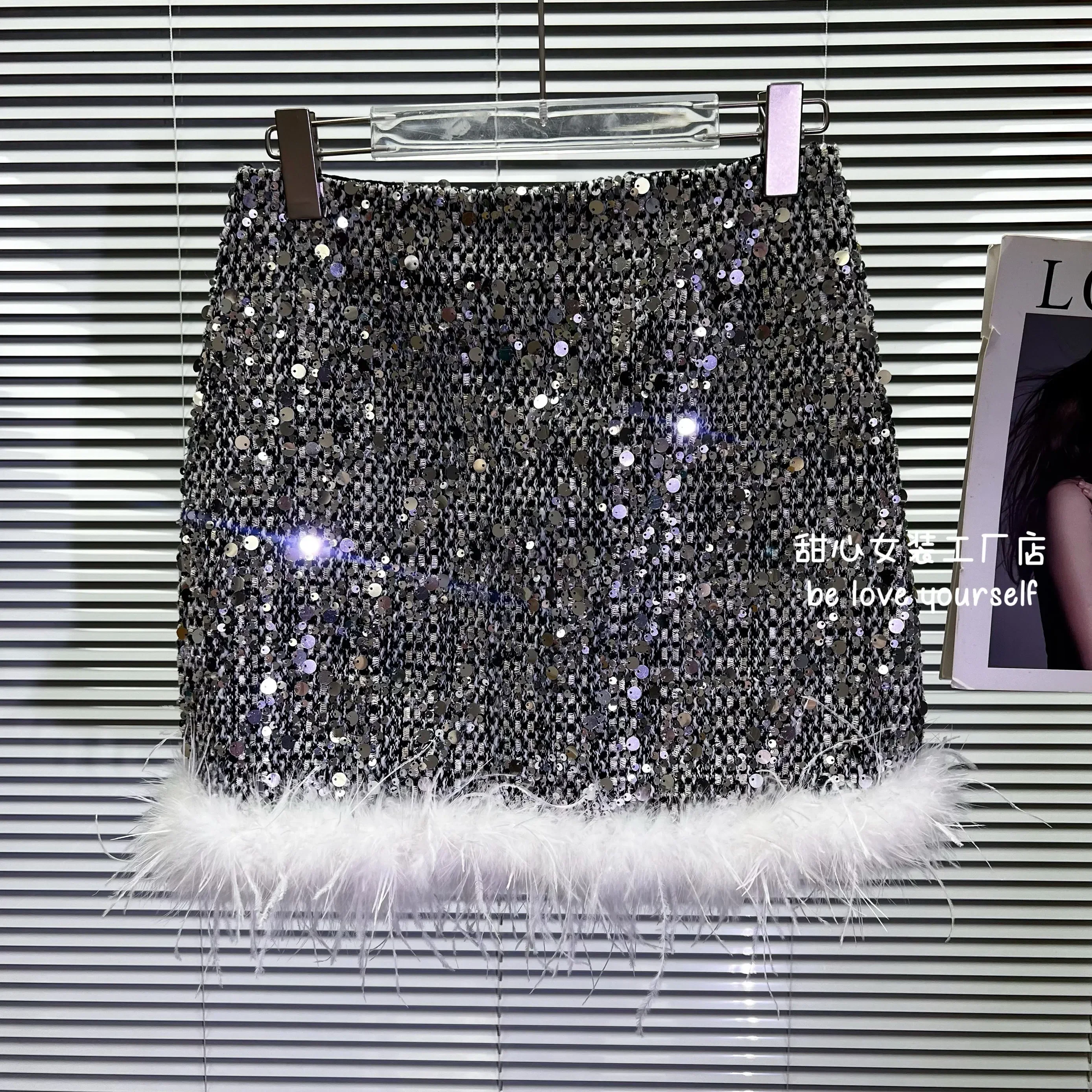 High Quality Heavy Industry Design Sequined Shiny Feather Skirt Women Fashionable High Waist A- Line Hip-Wrapped Mini Skirt Y2k