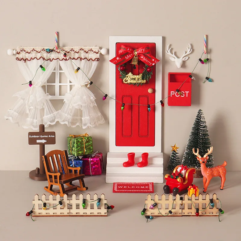 1:12 Dollhouse Christmas Elf Door Porch Scene Set BJD OB11 Mini Xmas Wreath Window Fence Reindeer Layout Diorama Shooting Prop