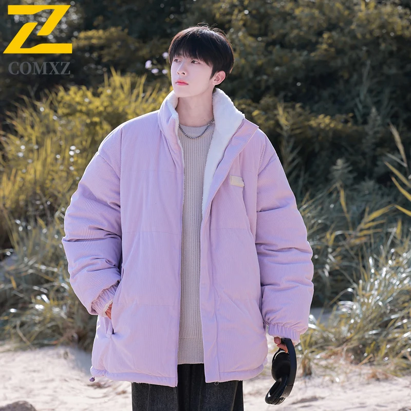 

​Men Double Sided Wear Jacket Winter Thermal Puffer Windproof Korean Style Loose Fit Streetwear Parka with Detachable Hood​ Coat