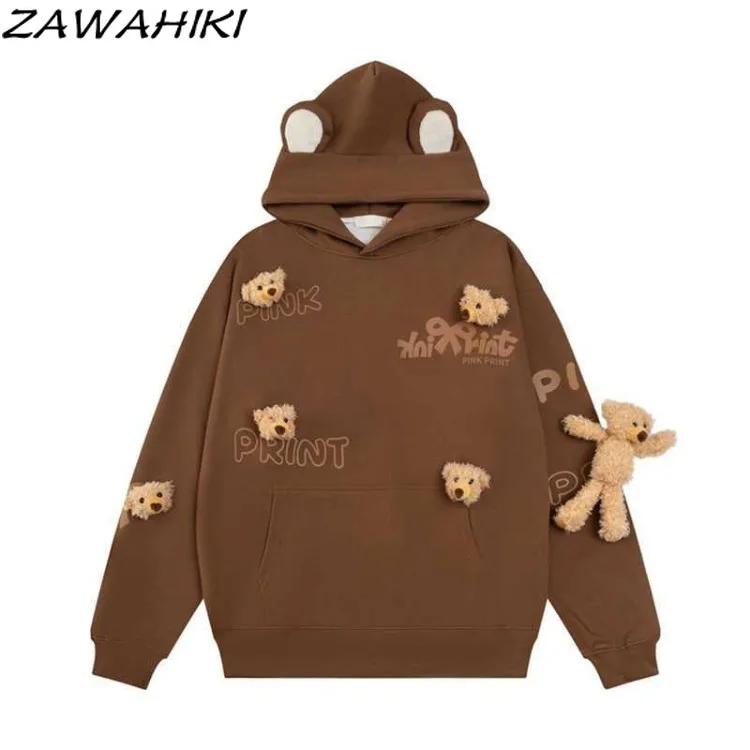 Sweet Hoodies Women Detachable Little Bear Sweatshirt Woman Print Loose Kawaii Female Pullovers Office Lady Casual Ropa Mujer