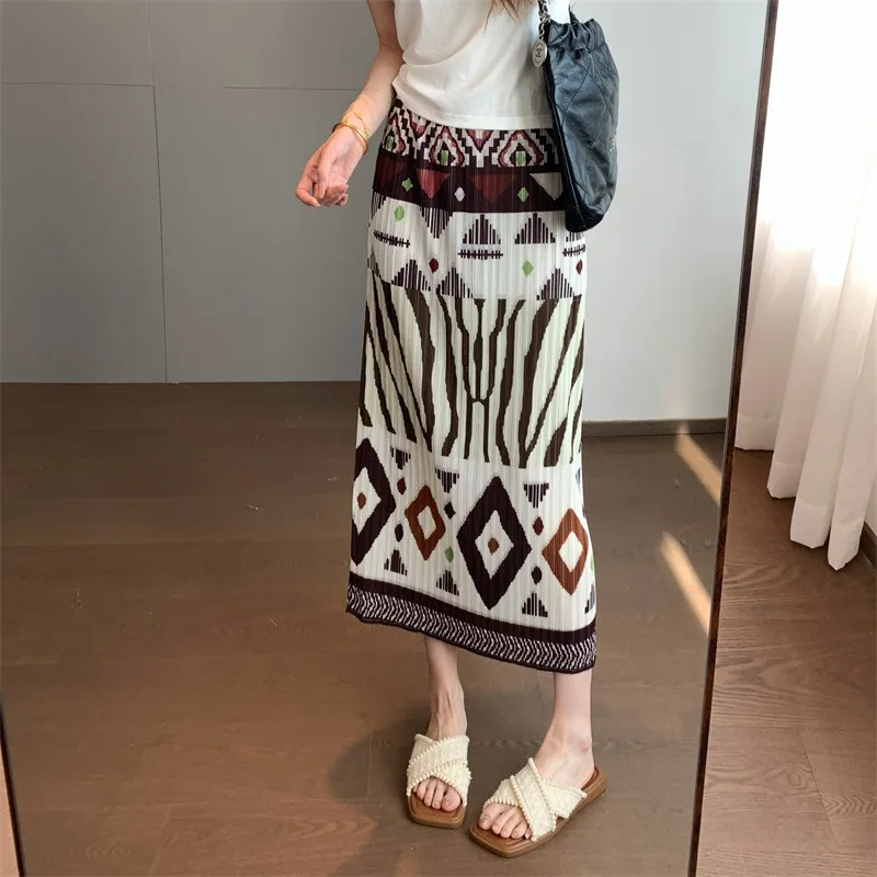 Miyake Pleated Printed Skirt Women 2026 Summer New Pleats Jupe Craft Draped Lazy Retro Color-Block Print Elastic Waist Skirt