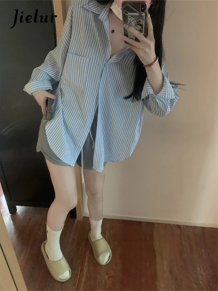 Jielur Spring New Casual Loose Women Shirt Fashion Street Simple Basic Woman Shirt Pink Blue Striped Long-sleeved Top Female