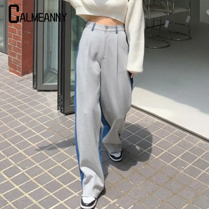 

Women's Denim Pants 2023 Autumn Patchwork Casual New Style Vintage Pockets High Waist Full Length Wide Leg Ladies Jeans Pants