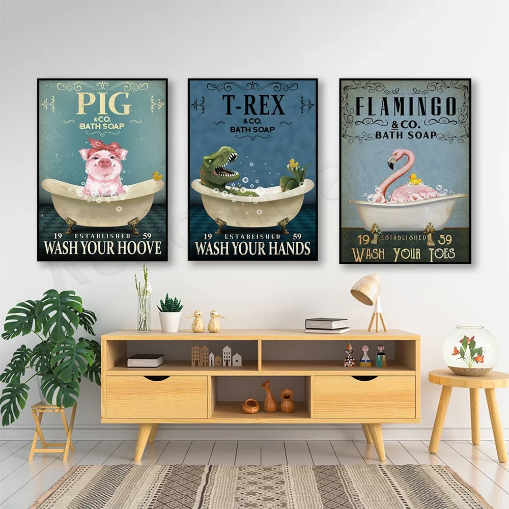 Pig & Co Body Soap Hoof Wash Poster, T-Rex & Co Body Soap Hand Wash Funny Dinosaur Poster, Bathroom Decor, Cute Pig Gift