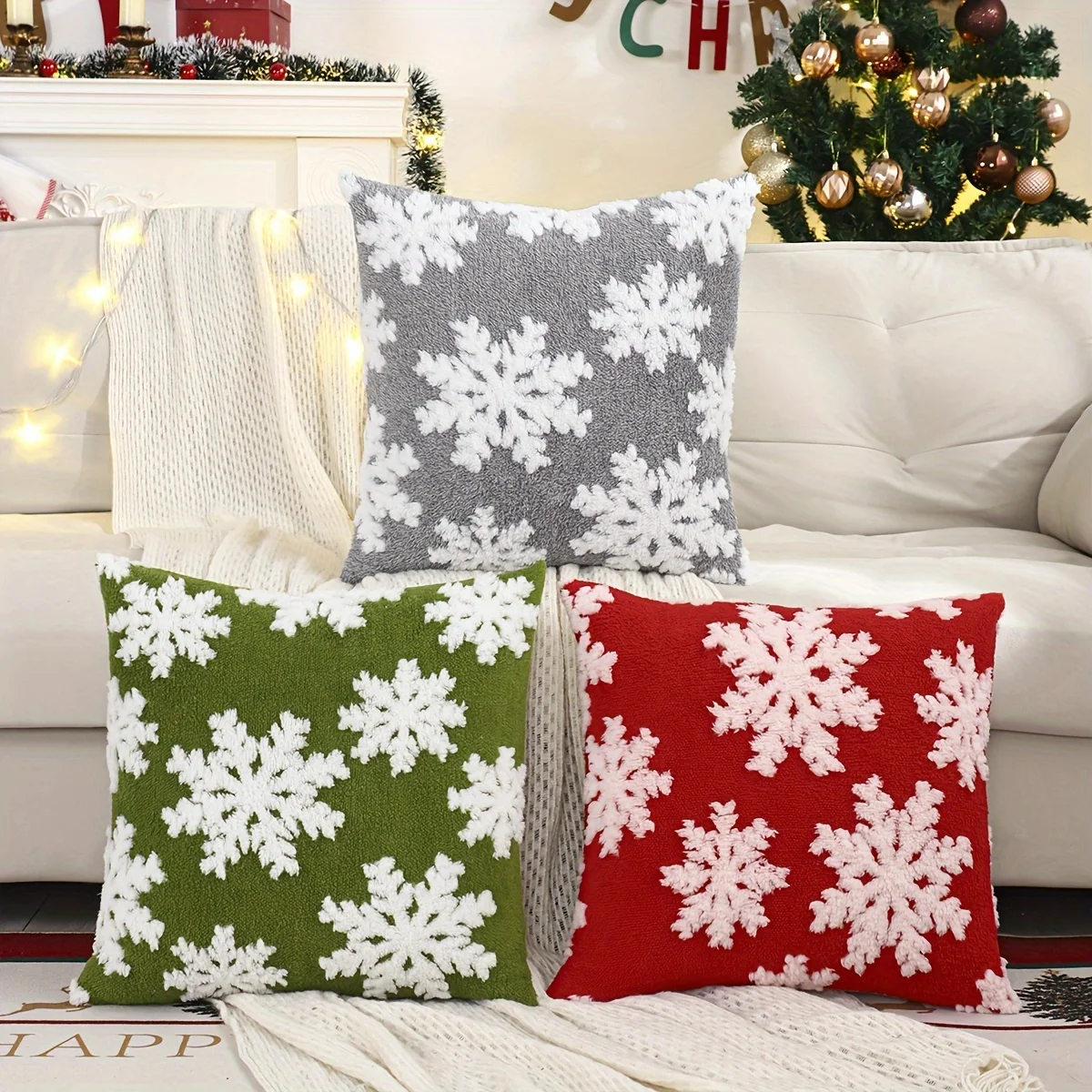 1 Stück Plüsch-Jacquard-Schneeflocken-Weihnachts-Kissenbezüge, dekorativer Kissenbezug für Zuhause, Zimmer, Schlafzimmer, Wohnzimmer, Auto