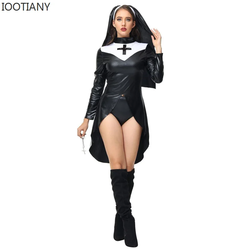 IOOTIANY Women Saintlike sedutess Costume ecopelle Pvc Wetlook Nun Costume Sexy Nurse Cosplay Stage Performance Costume