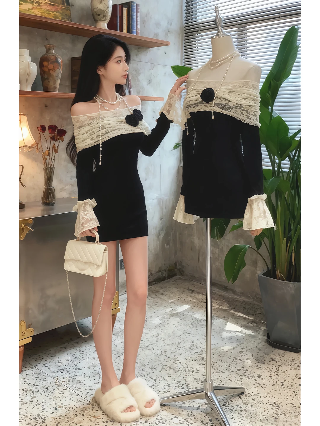 

Retro Lace Splice One oulder Dr Women's Autumn Winter New Sle Hepburn Elegance Waist Cinch ort Skirt Sexy High Waist...