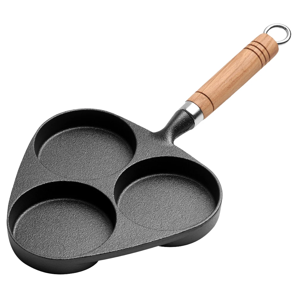 3 Holes Egg Frying Pan Non-Stick Cast Iron Burger Skillet with Wooden Handle Breakfast Grill Cooking Pot Uncoated Frying Pot Pan