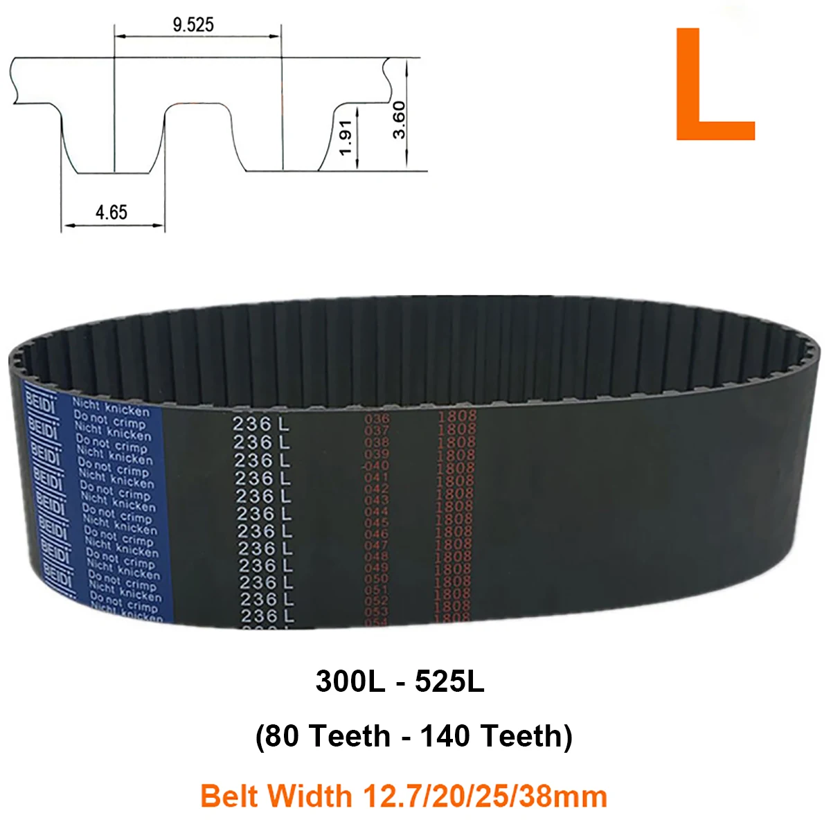 Width 12.7/20/25/38mm L Rubber Timing Belt 300L - 525L 80 Teeth - 140 Teeth Closed Loop Synchronous Belts