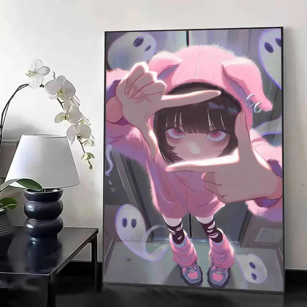 Pink Hoodie Anime Girl Wall Poster, Spooky Cute Ghost Elevator Scene Art Print, Dark Sweet Aesthetic Wall Picture Decor