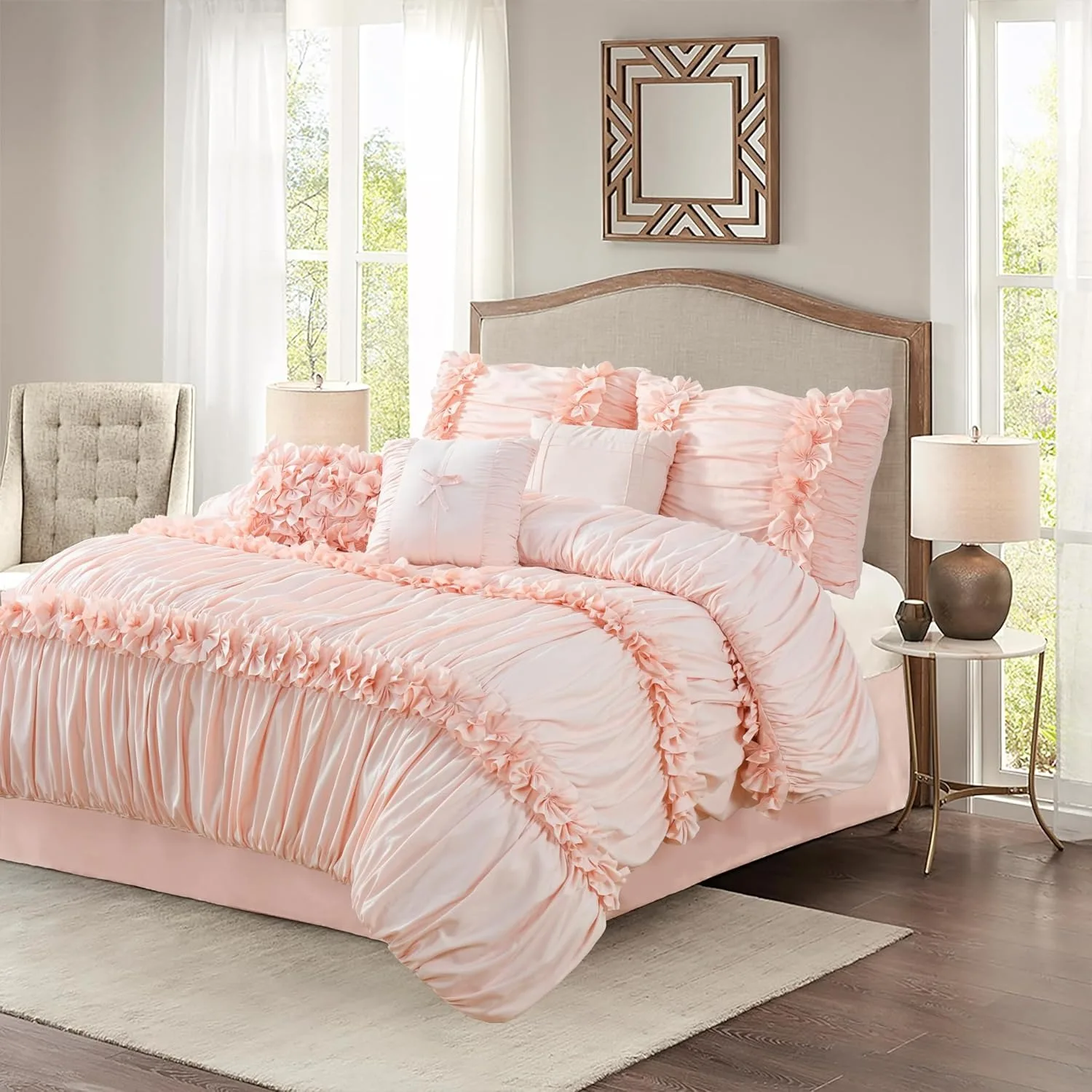 7 Pieces Elegant French Country Bed in a Bag, Peach Pink Handmade Bow Tie Fluffy Bed Comforter with Down