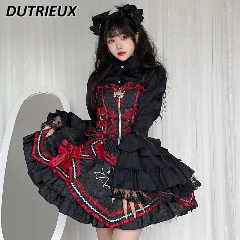 Japanese Lolita Inner Stand-up Collar Solid Color Top Gothic Long-sleeved Sweet Girls Single-breasted Slim-fit Versatile Shirt