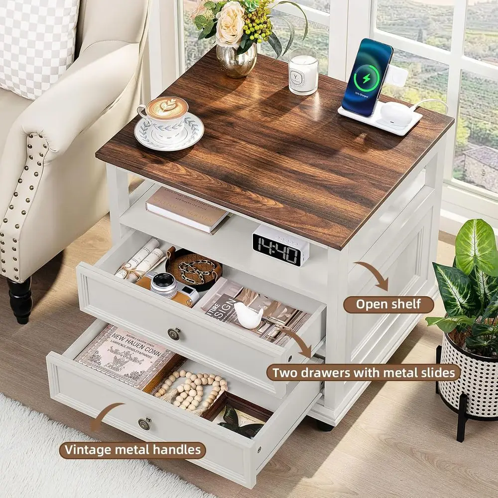 2-Piece Nightstand Set with Charging Station, 24 Wide End Table, Storage Drawers, Suitable for Bedroom or Living Room, White Woo view 5