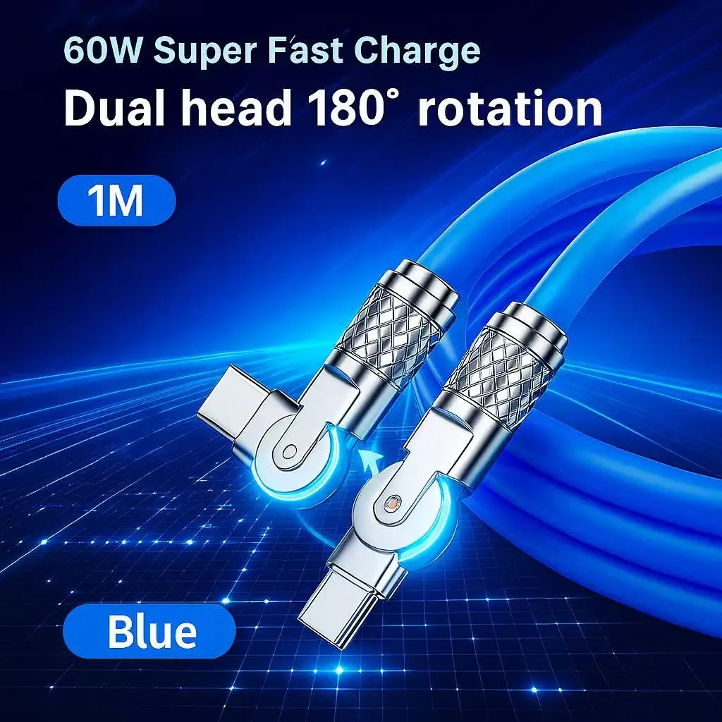 

60W PD USB C To Type C Cable Elbow 180 Degree Rotation Super Fast Charge For Samsung S24 S23 S22 Ultra Huawei Laptop Data Sync