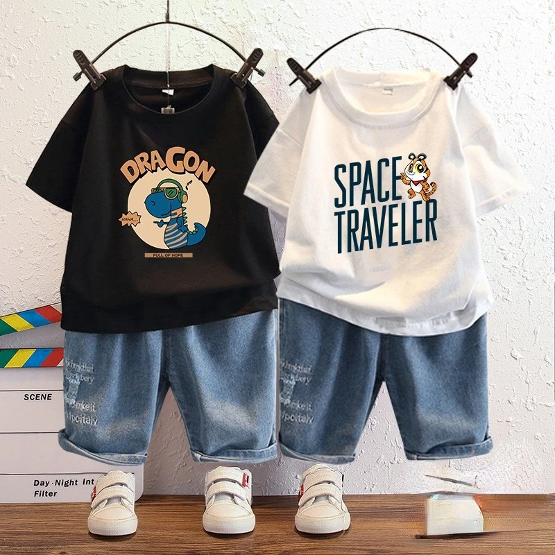 

2pcs Boys Dinosaur T-shirts Cartoon Printed Girls Tees Children Tops Short-sleeve Clothes For Summer Kids Outfits Boys Clothes