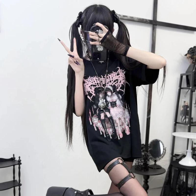 Japanese Anime Printed Short Sleeve Tshirts Women Summer Loose Round Neck Grunge Tops Vintage Y2k Harajuku Streetwear