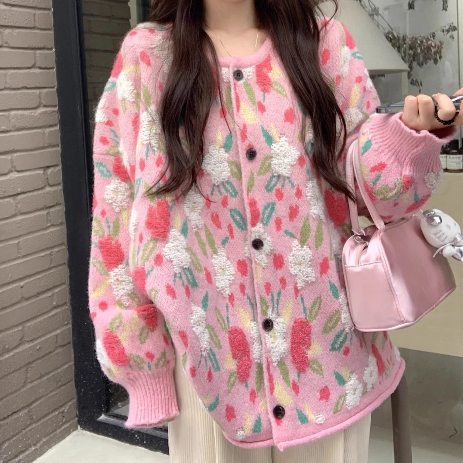 

Cardigan Women Sweaters Coats Round Neck Jackets Full Sleeve Casual Loose Y2k Streetwear Elegant Knit Open Stitch Spring 2026