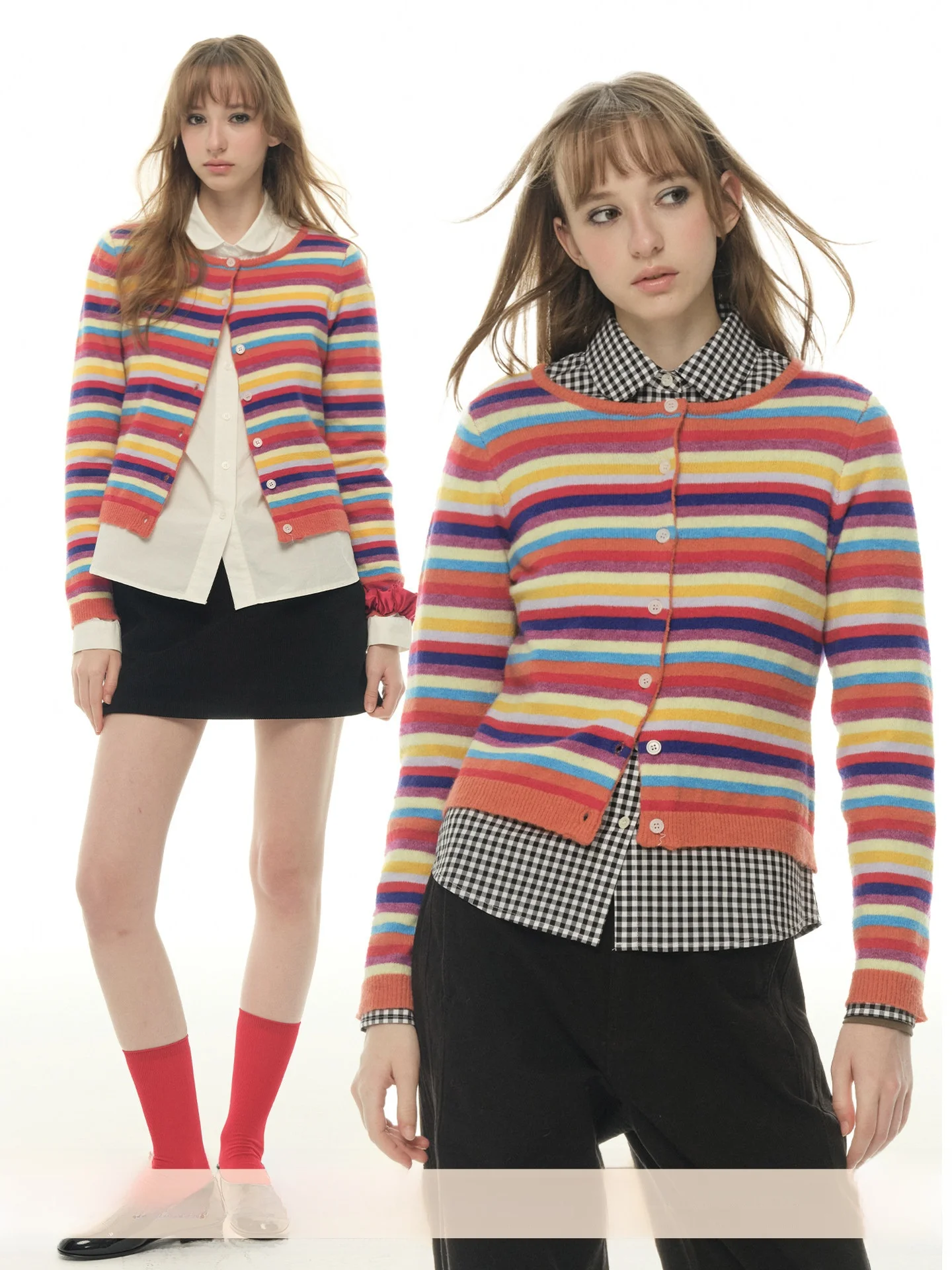 

UNRETRO Rainbow Dopamine Stripe Long Sleeve Women's Knitwear Short Style American Quality round Neck Button up Spring Autumn