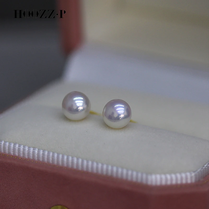 HOOZZ.P Akoya Pearl Earrings 6-7-8-9mm AA Quality 14K Gold Au 585 925 Silver Real Natural Japanese Sea Cultured Women'S Jewelry