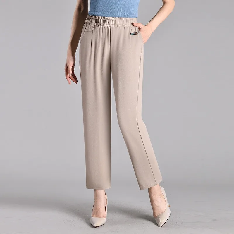 Calças Casuais de Aodão e Linho de Cintura Alta, Finas, Elásticas, com Pernas Retas, Estilo Mãe, Calças Longas de Nove Pont...