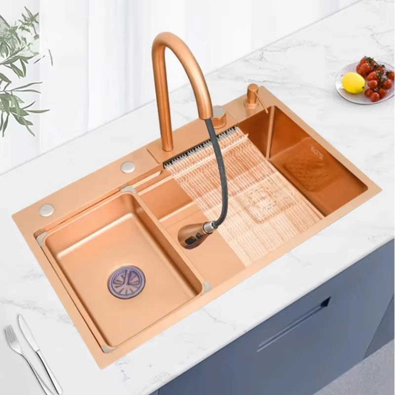 حار بيع الذهب الوردي حوض المطبخ الذكي 304 الفولاذ المقاوم للصدأ شلال صنبور المطبخ اليدوية #5