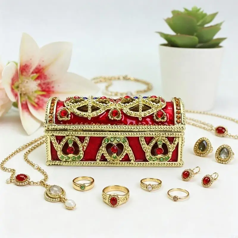 

Decorative Metal Jewelry Organizers with Handcrafted Enameled Floral Designs and Gemstones Embellishments