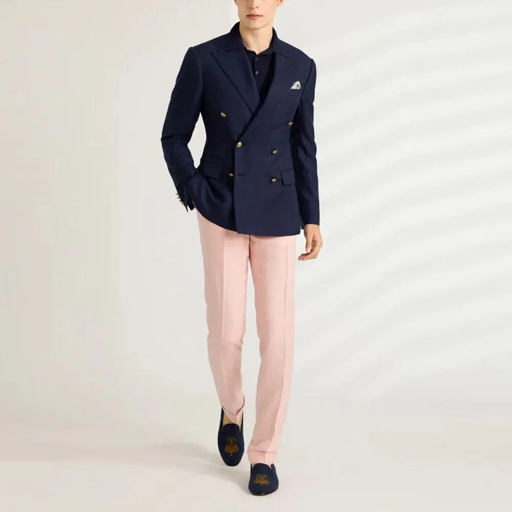 

New Fashion Men Suits Peak Lapel Double Breasted Male Blazer with Pink Pants Sets Slim Casual Daily Wedding Guest 2 Pieces Set