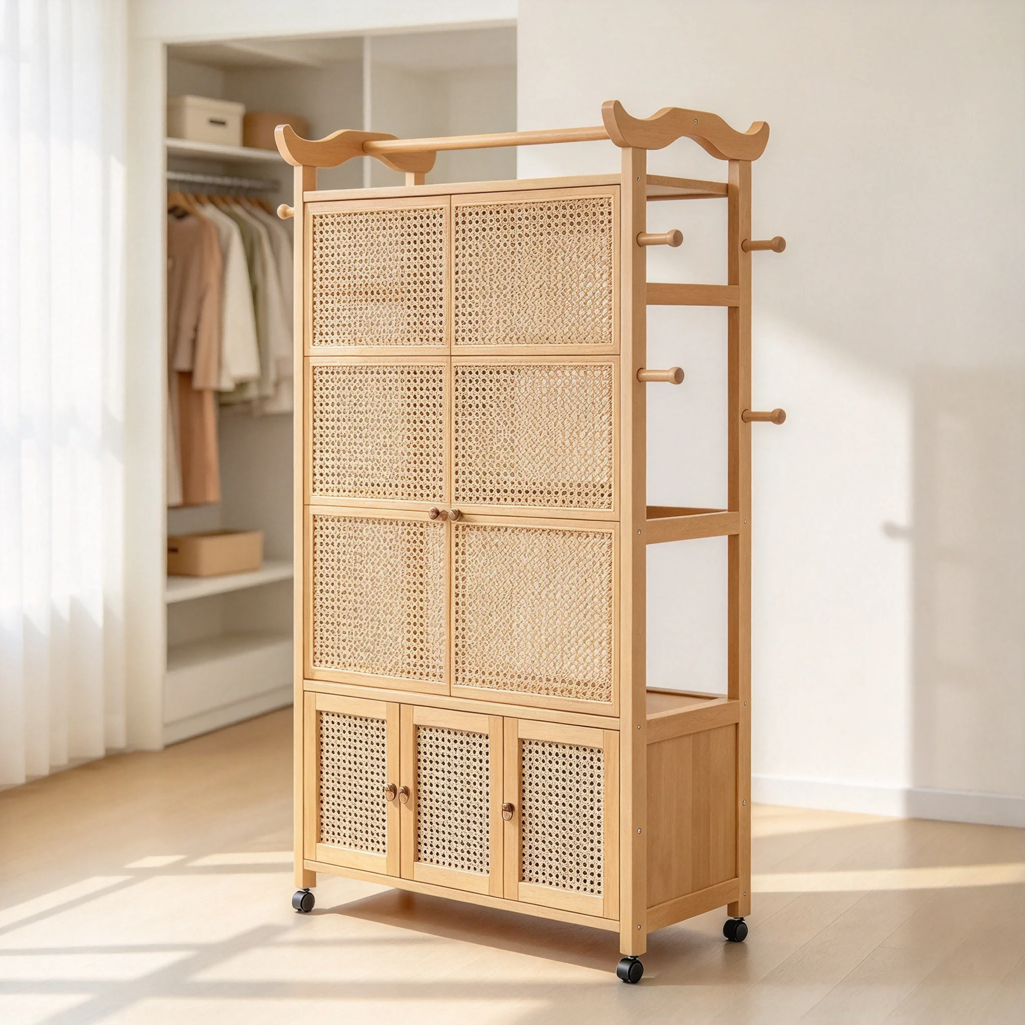 AOLIVIYA Floor Hat Hanger Clothing Storage Rack Shelf Wood Rental Bedroom Standing Coat Rack