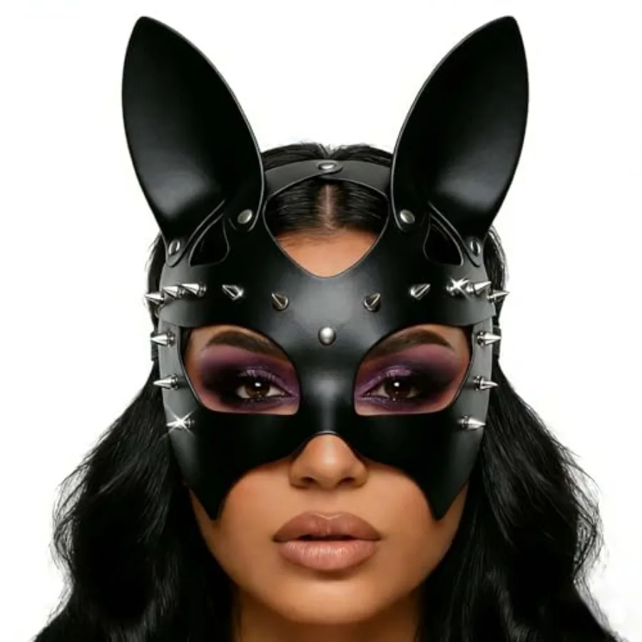 

CLOACE Black Leather Masks Rivet Masquerade Cat Mask Eye Covers Halloween Costume Eye Accessory Black