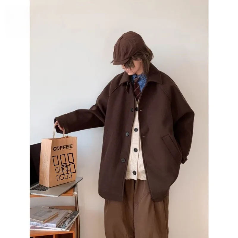 

Thiened Cotton Woolen Jaet for Women Winter Flip Collar Retro Salt System k College Sle Trendy Bla Woolen Coat