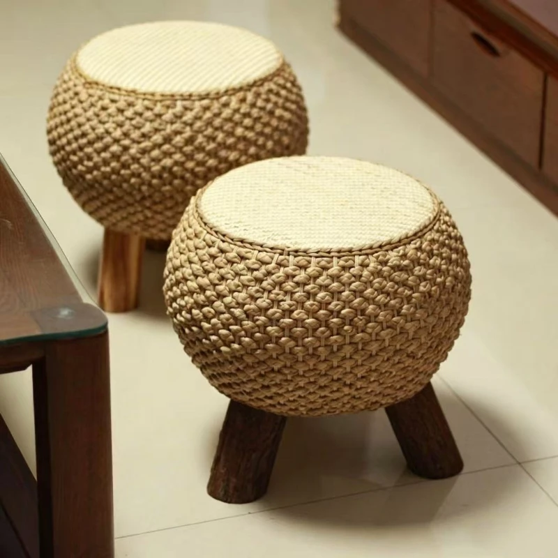 Household rattan low stool shoe change stool balcony stool solid wood bench sofa hair stool straw stool coffee table
