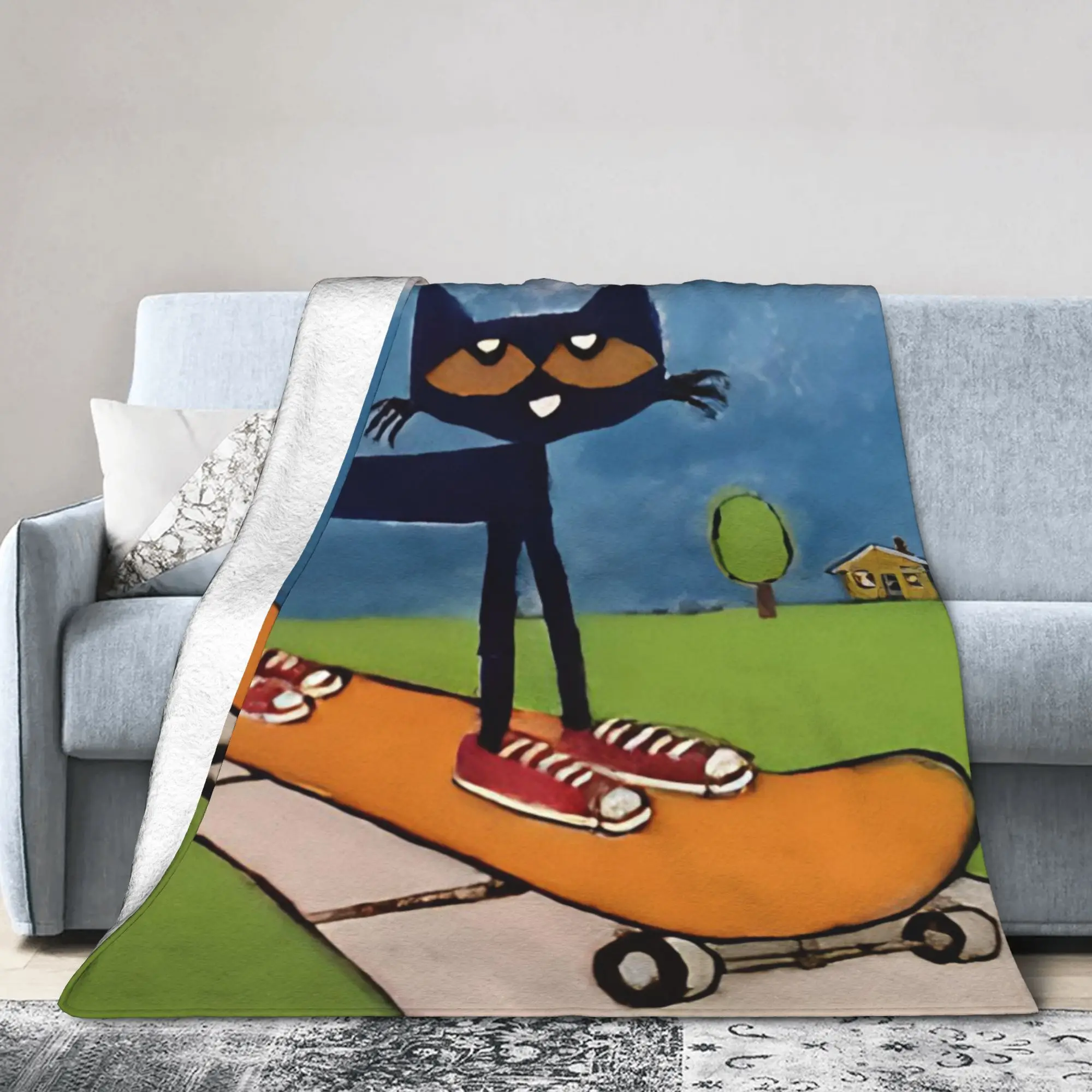 Pete the Cat Blankets Fleece All Season Skateboarding Cat Multi-function Lightweight Throw Blanket for Sofa Couch Bedding Throws