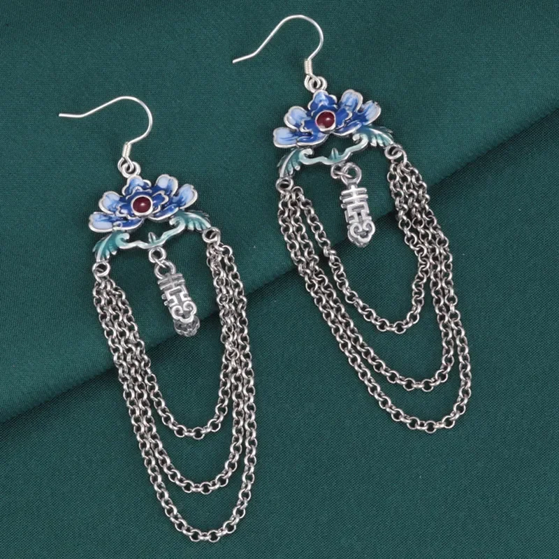 925 Sterling Silver Enamel Lotus Flower Long earrings Vintage Ethnic Style Chain Tassel Hanging Jewelry For Women EH211
