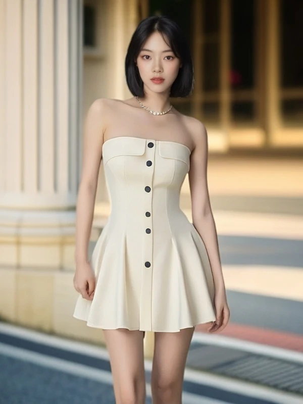 

Sexy White One-oulder ort Dr Button Design Slimming Waist A-Line Skirt Polyester Fabric Summer Season No-Sve Dr