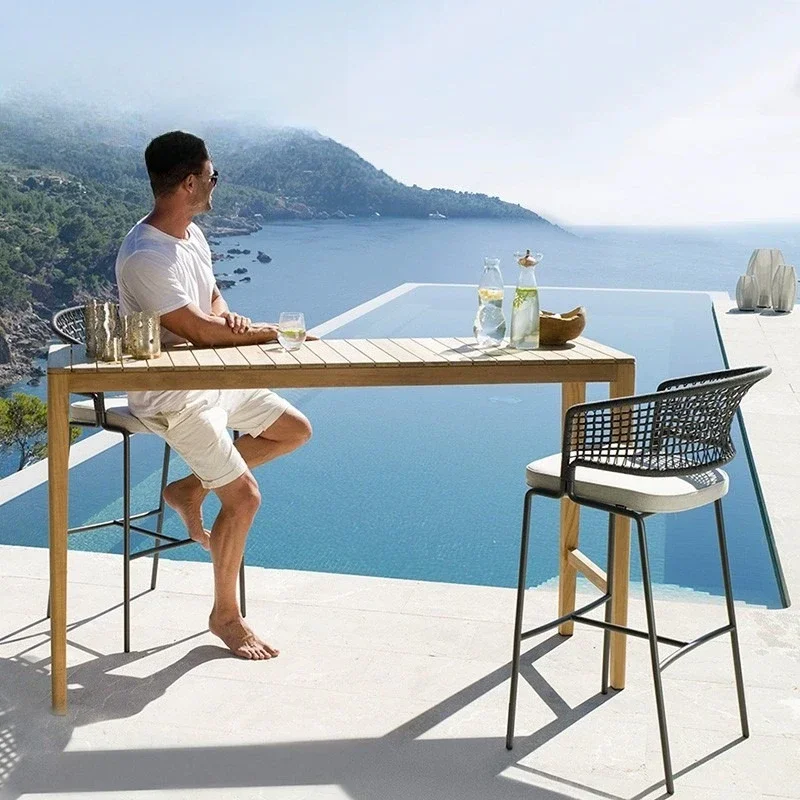 Chaise de bar en teck haut de gamme, pour cour, restaurant, villa, tabouret haut d'extérieur, loisirs, rotin