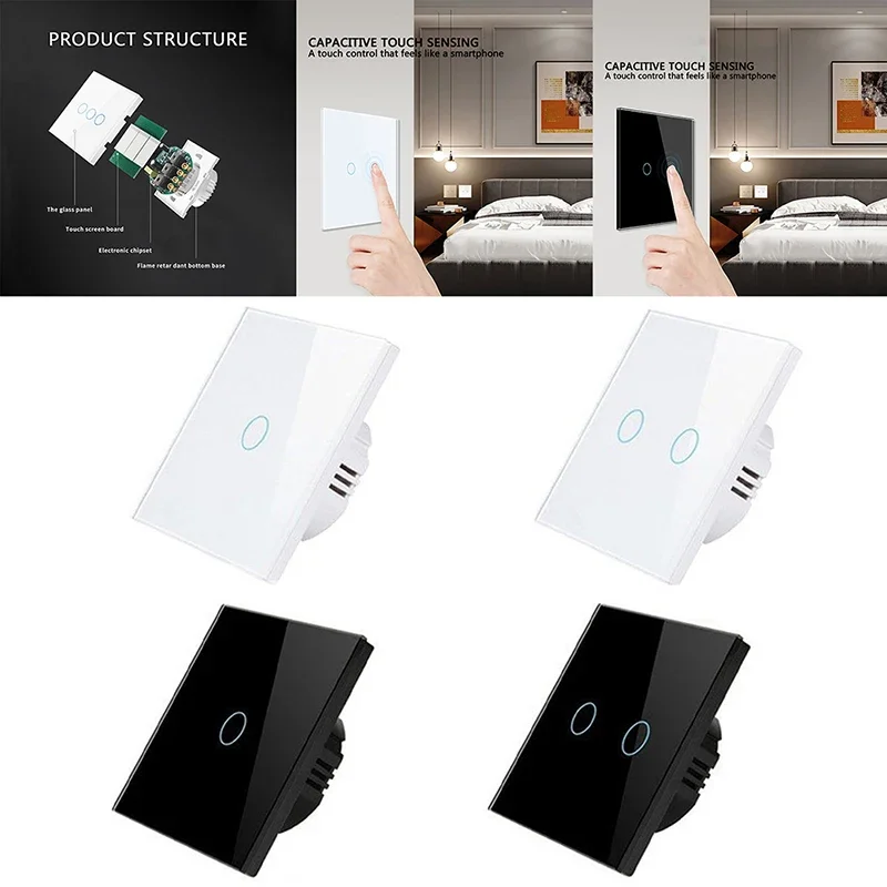 

Touch Switch Power EU Led Panel Tempered Black White Crystal Glass Sensor Button Wall Light Switches 1/2 Gang Interruptor