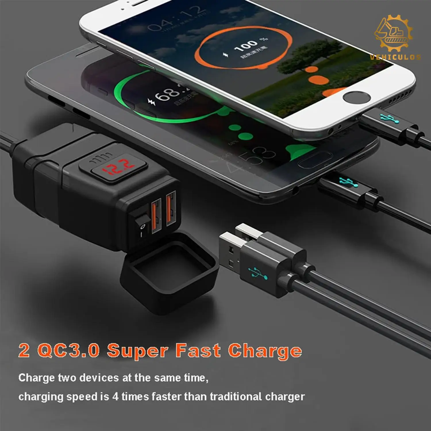 

Motorcycle USB Charger QC3.0 Handlebar Fast Charging Waterproof 12V Socket Adapter With Voltmeter