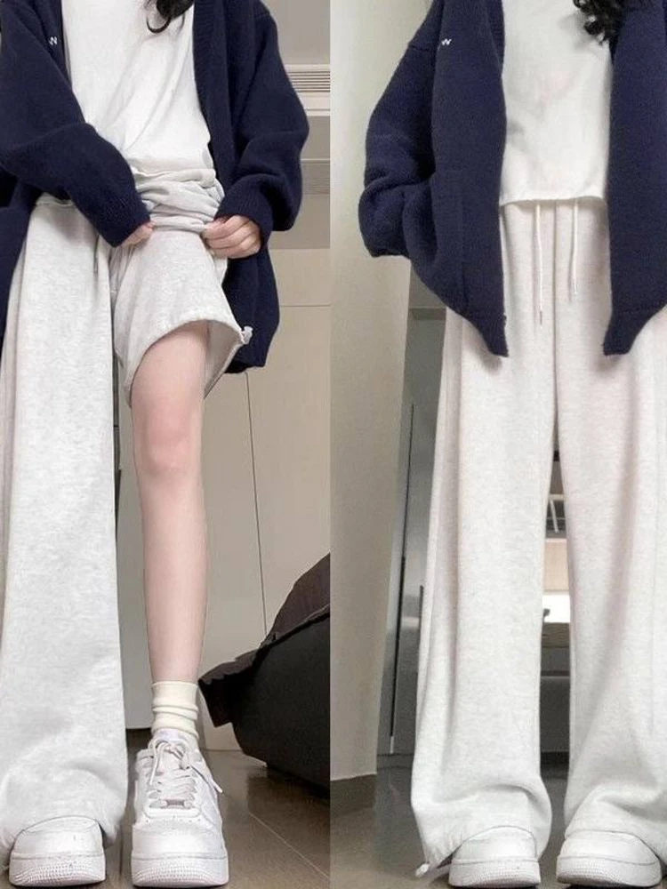 

Женские брюки с высокой талией и широкими штанинами, новинка ранней весны 2026, повседневные свободные драпированные брюки на флисовой подкладке, белые, серые