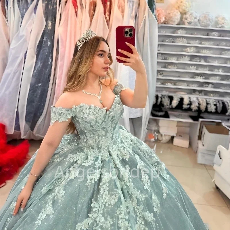 Angelsbride  Sage Green Shiny Tulle Ball Gown Quinceanera Dresses Appliques Long Trian Sweet 16 Corset Vestidos De 15 Años