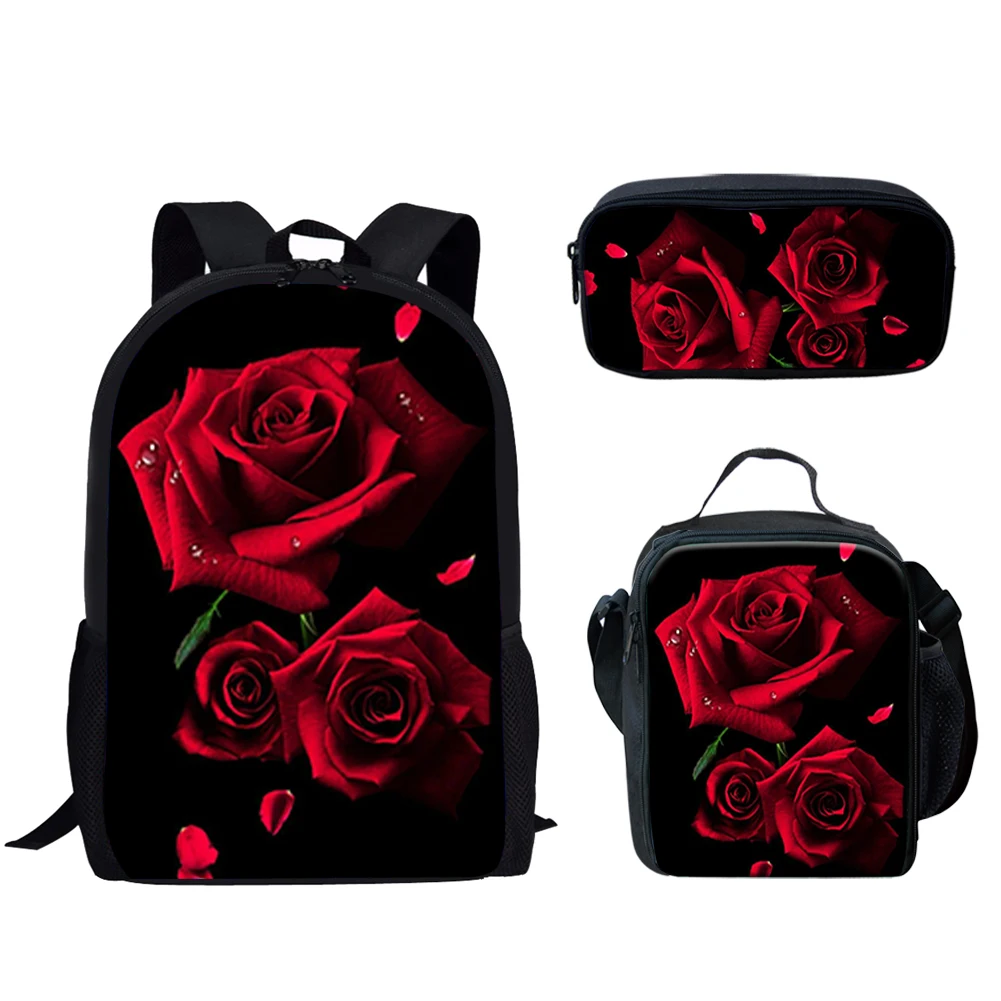 Gothic Red Rose Design Print 3Pcs School Bag Set for Teen Boy Girl Schoolbag for Student Casual Bookbag Large Capacity Backpack