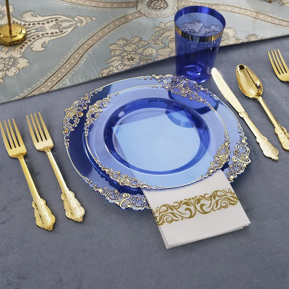 70pcs-disposable-cutlery-clear-blue-plastic-dinner-plate-gold-plastic-silver-cutlery-cup-napkin-set-birthday-decorations