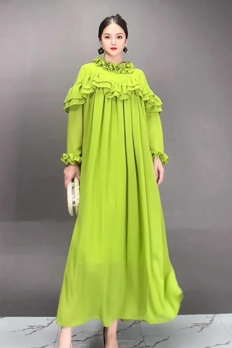 2024 Autumn New Elegant Folds Green Loose Long Dresses Women Trendy Fashion Long Sleeve Dress Wholesale J401