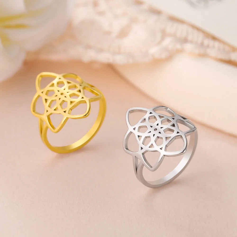 COOLTIME Flower of Life Women\'s Ring Stainless Steel Fashion Couple Rings Jewelry Wedding Accessories for Women Girls