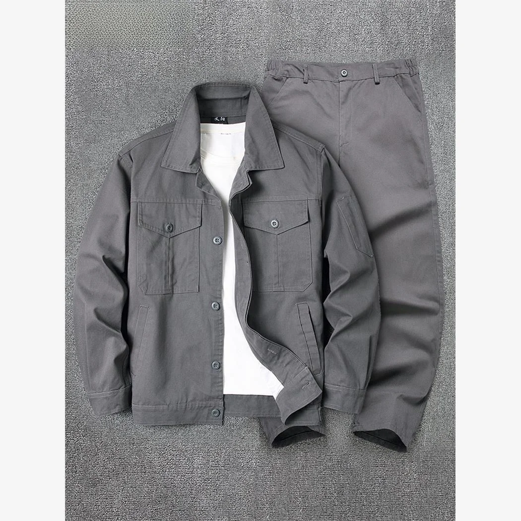 純綿長袖作業服セット男性用秋の建設現場溶接耐火傷耐摩耗性自動車修理