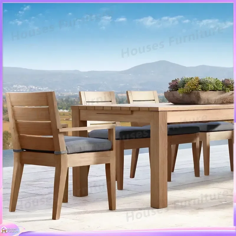 Teak Outdoor Dining Set Rectangle Extension Table Armchairs Side Chairs Garden Patio Furniture Wood Deck Yard Party Seating