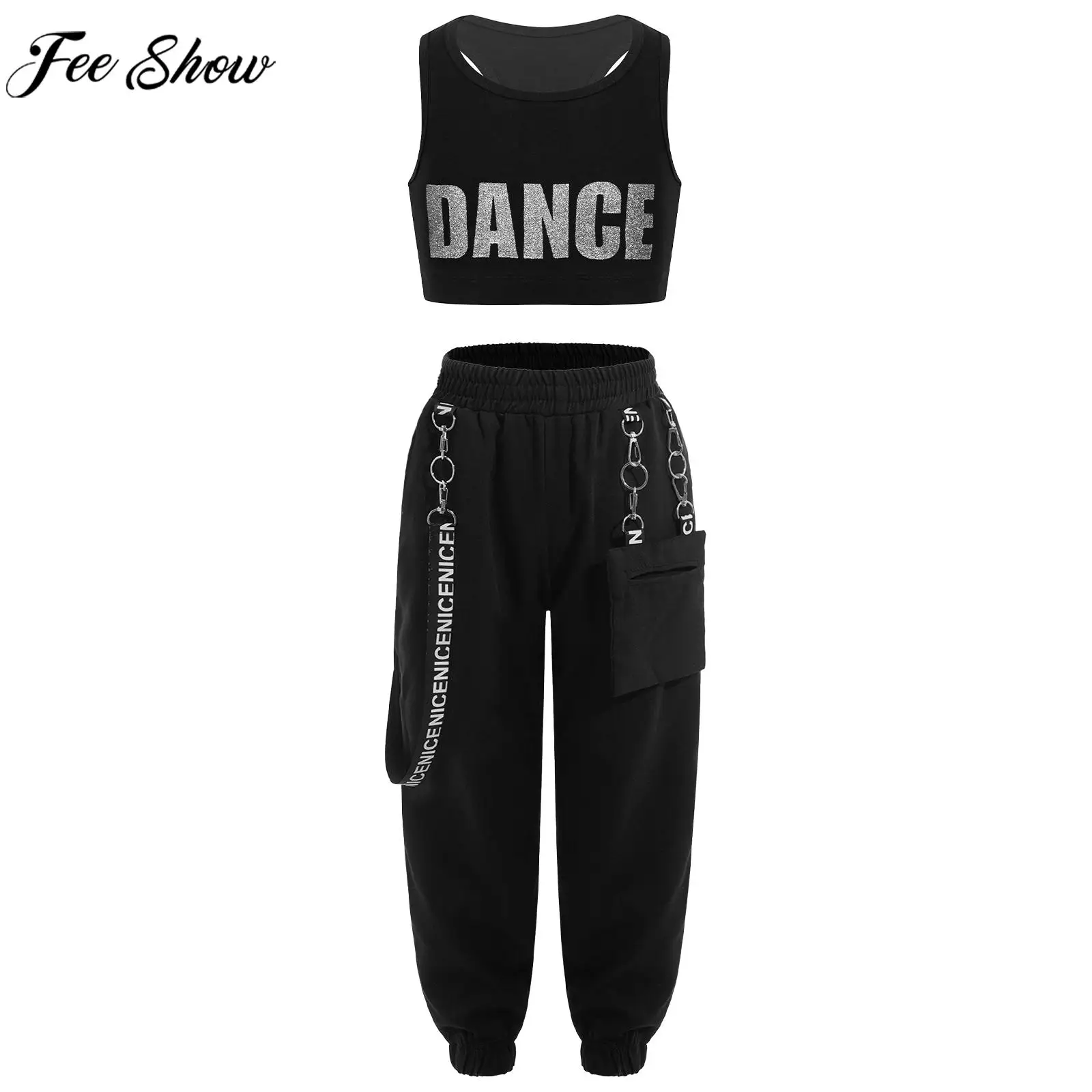 

Children Girls Street Jazz Dance Performance Clothes Sleeveless Racer Back Crop Top with Hiphop Sweatpants Streetwear Dancewear