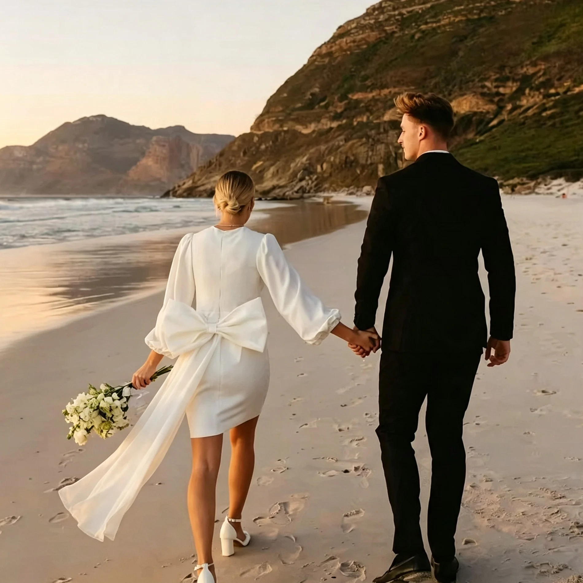 White Satin Short Wedding Dress Long Puff Sleeve Deep V Neck Back Big Bow Beach Elopement Bridal Mini Wedding Gown For Bride