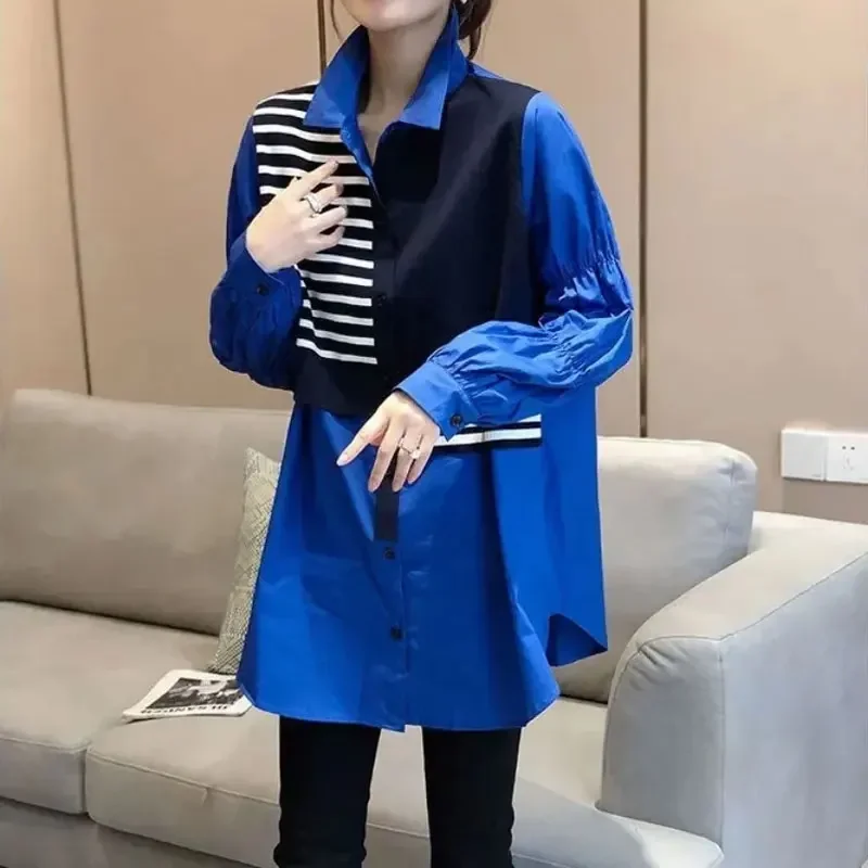 

Women's Clothing Single-breasted Shirring Shirt New Fashion Striped Casual Loose Patchwork Blouse Spring Autumn Turn-down Collar